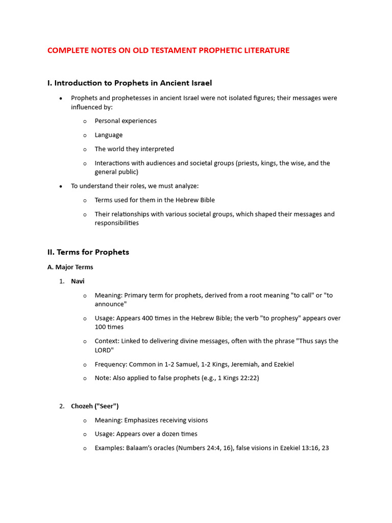 O.T. Prophetic Literature First Quiz Notes | PDF | Prophet | Nevi'im