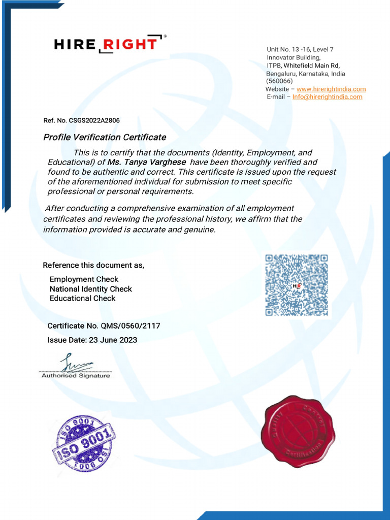 (Hire Right) Profile Verification Certificate Ms. Tanya | PDF