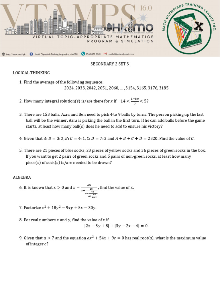 Secondary 2 Math Problem Set Solutions | PDF | Numbers | Area