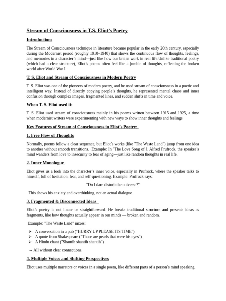 Stream of Consciousness in Eliot's Poetry | PDF | T. S. Eliot | Poetry