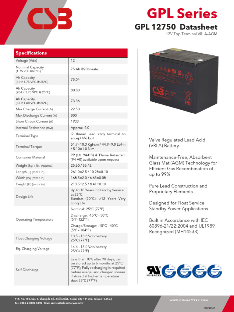 CSB Datasheet GPL12750 - 053124 - نسخة | PDF | Electricity | Energy Storage