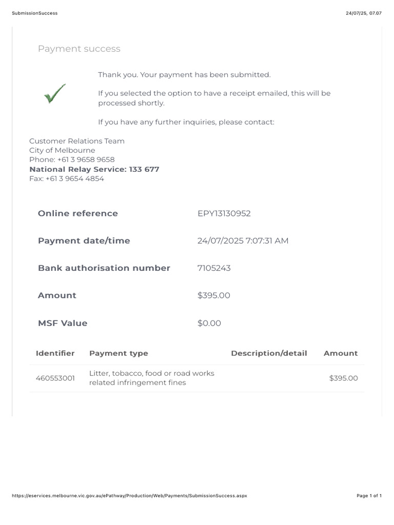 Melbourne Payment Confirmation Receipt | PDF