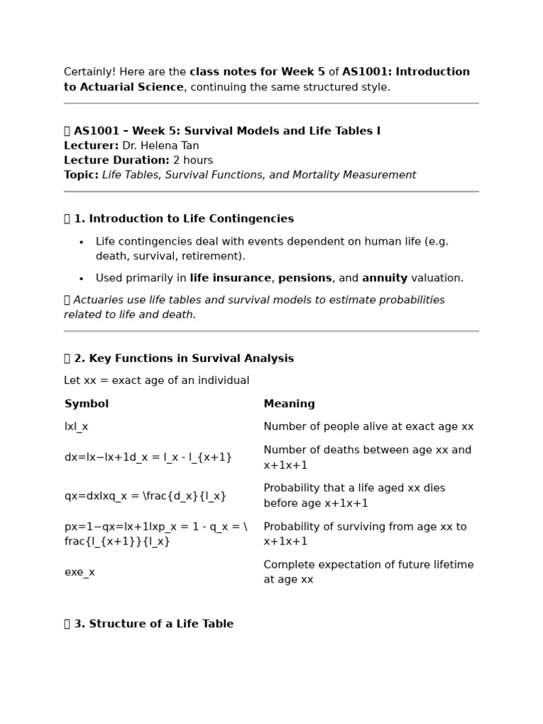 AS1001 Actuarial Science - Week Five | PDF | Actuarial Science ...
