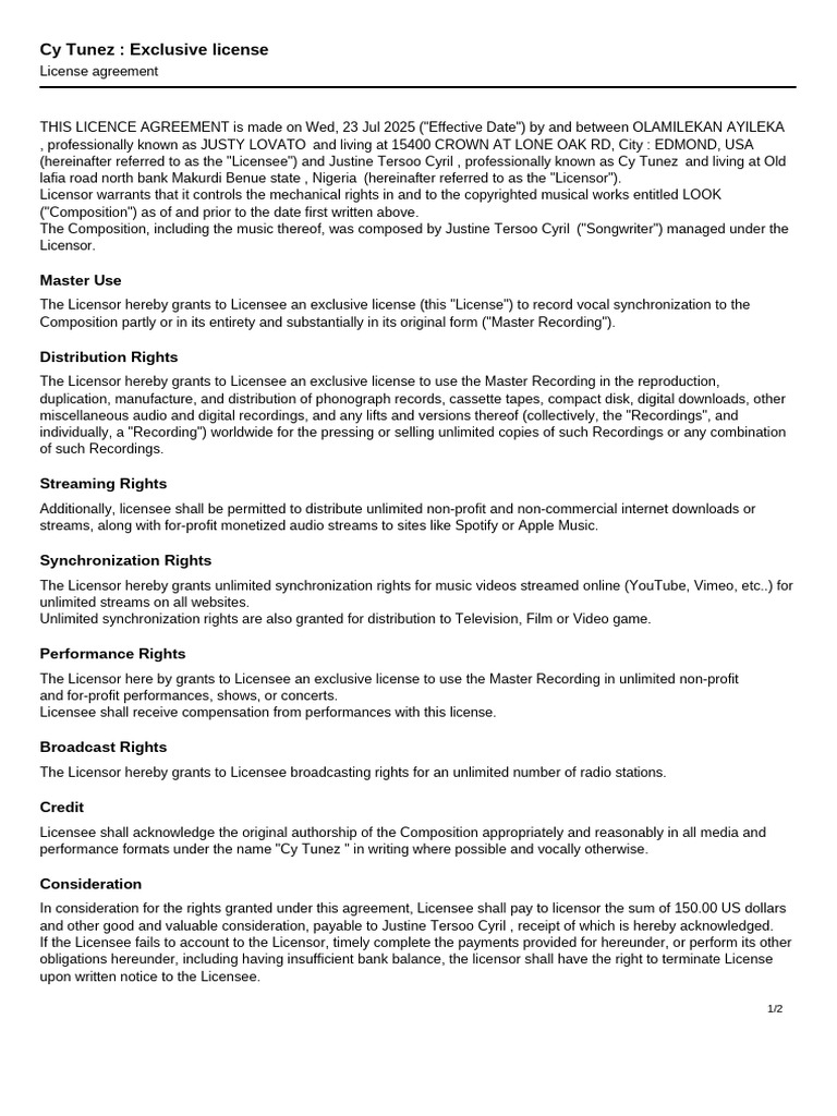 Exclusive Music License Agreement | PDF | License | Business Law