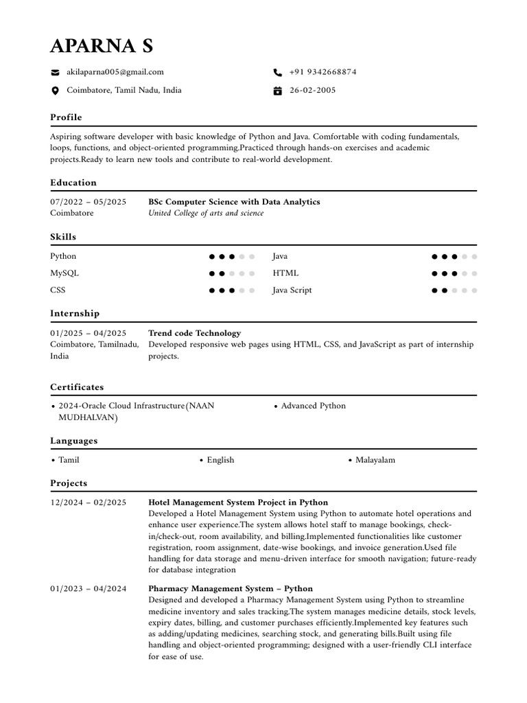 Aparna S Flowcv Resume 20250628 | PDF | Python (Programming Language ...