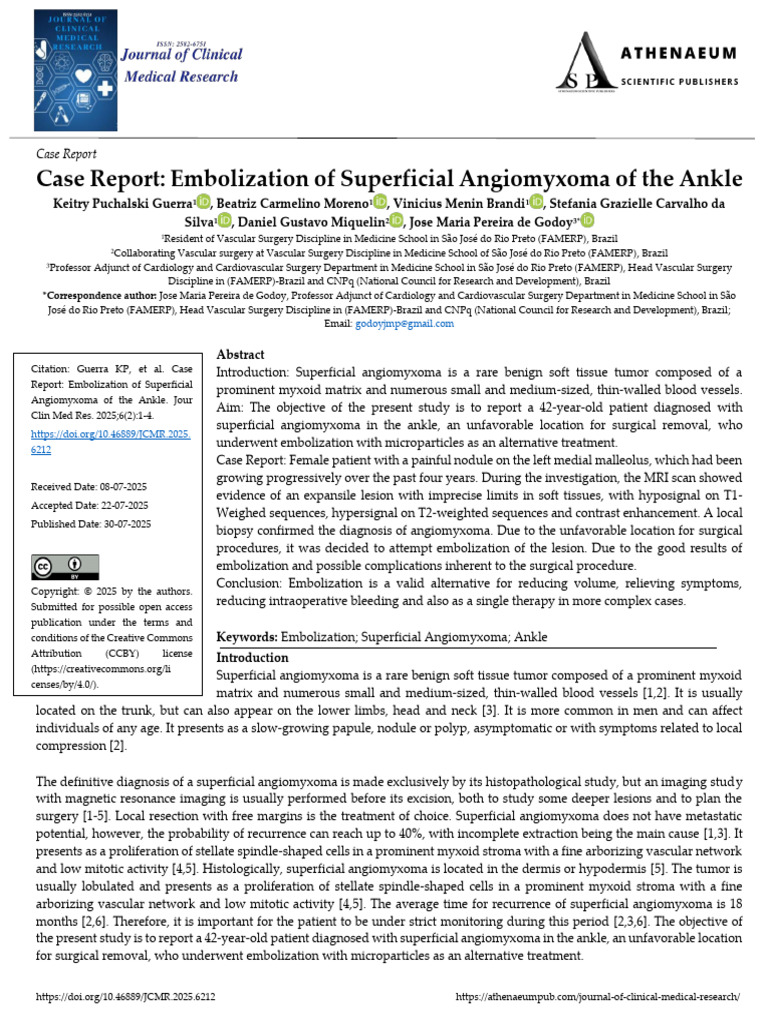 Case Report Embolization of Superficial Angiomyxoma of The Ankle | PDF ...