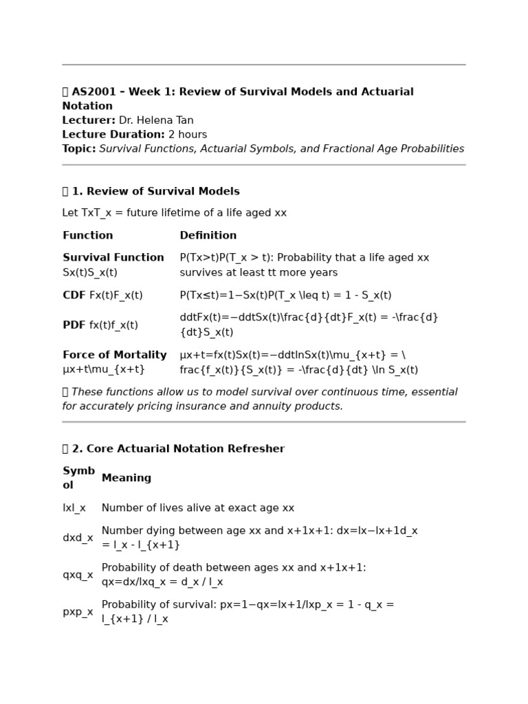 Survival Models & Actuarial Notation | PDF | Mathematics | Probability