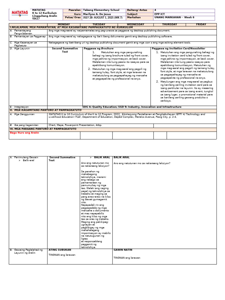 Matatag DLL Week 6 Epp Ict g4 | PDF