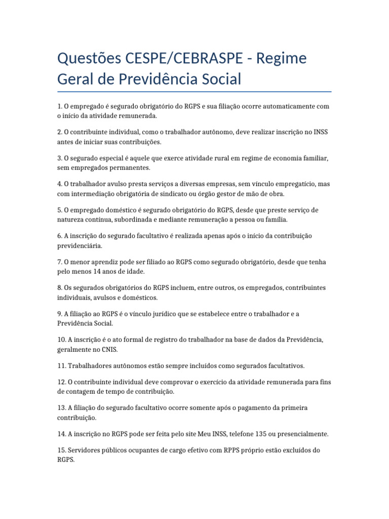 Questões sobre o RGPS e Segurados | PDF | Politica Social | Economias
