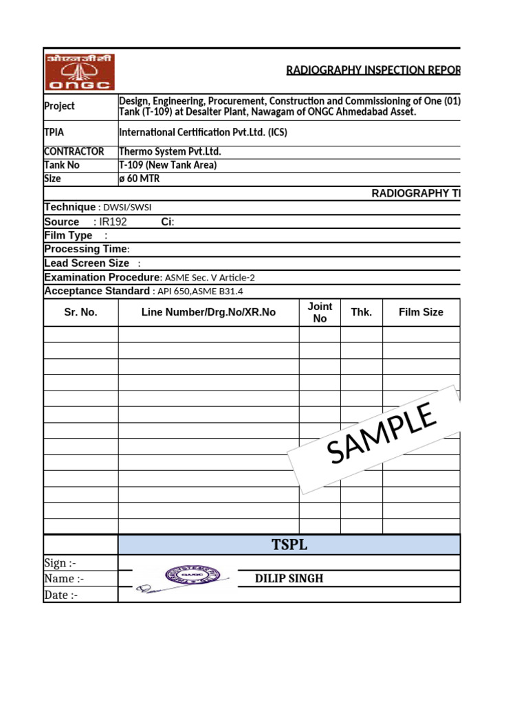 Radiography Inspection Report for Tank T-109 | PDF