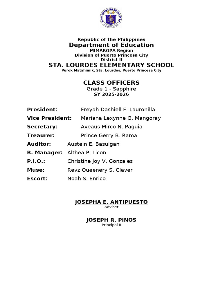 Grade 1 Sapphire Class Officers 2025-2026 | PDF