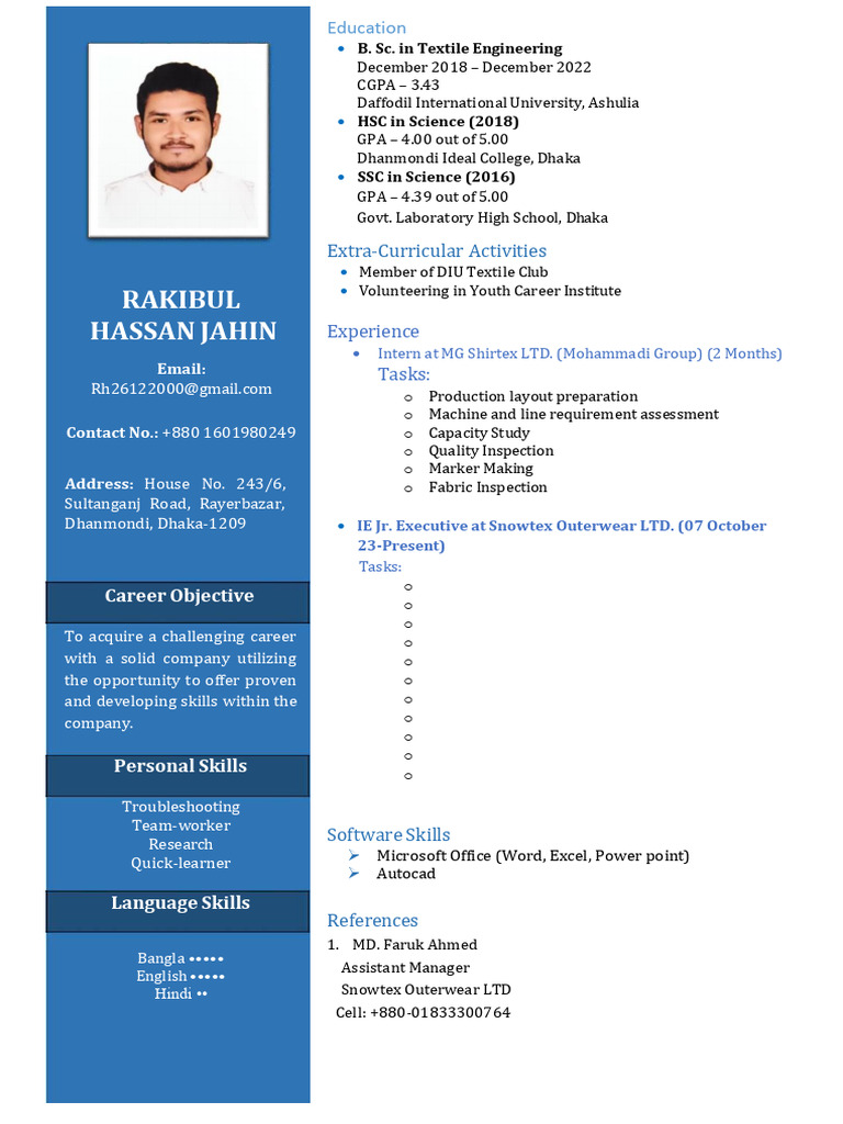 Textile Engineer Resume of Rakibul Hassan | PDF