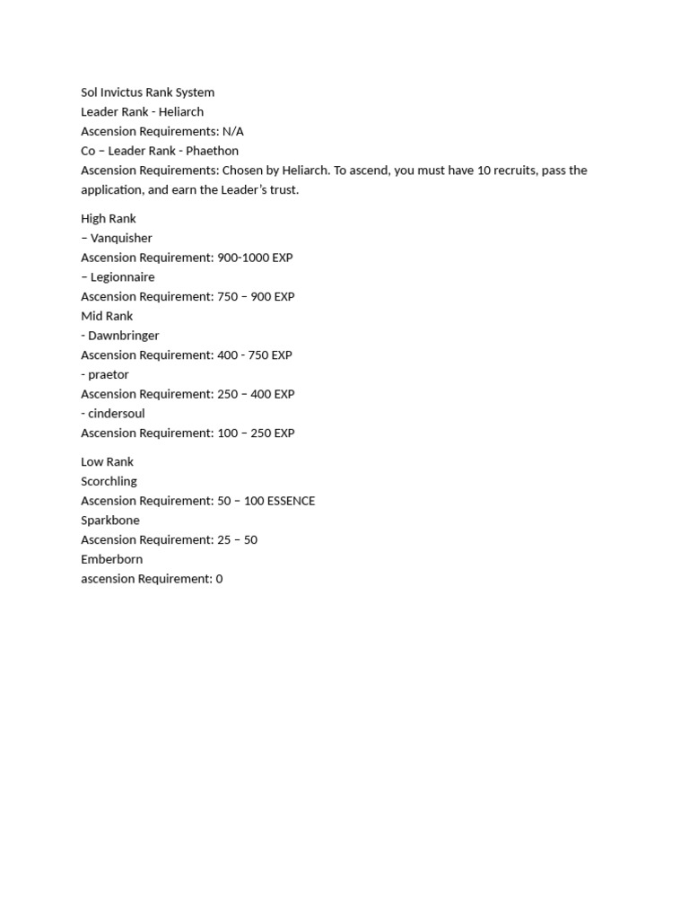 Sol Invictus Rank System Overview | PDF