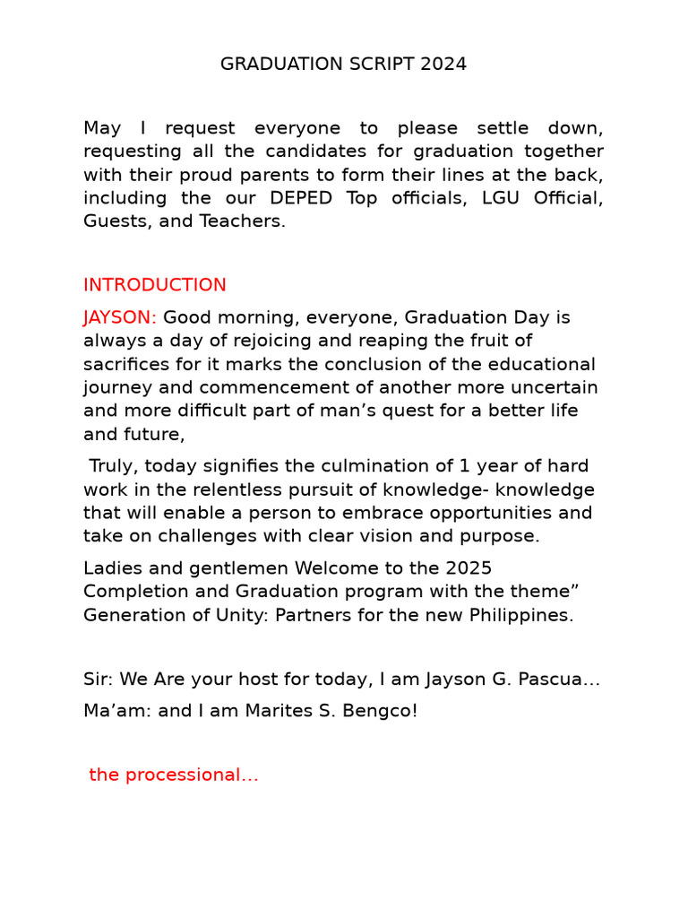 Graduation Script for 2024 Ceremony | PDF