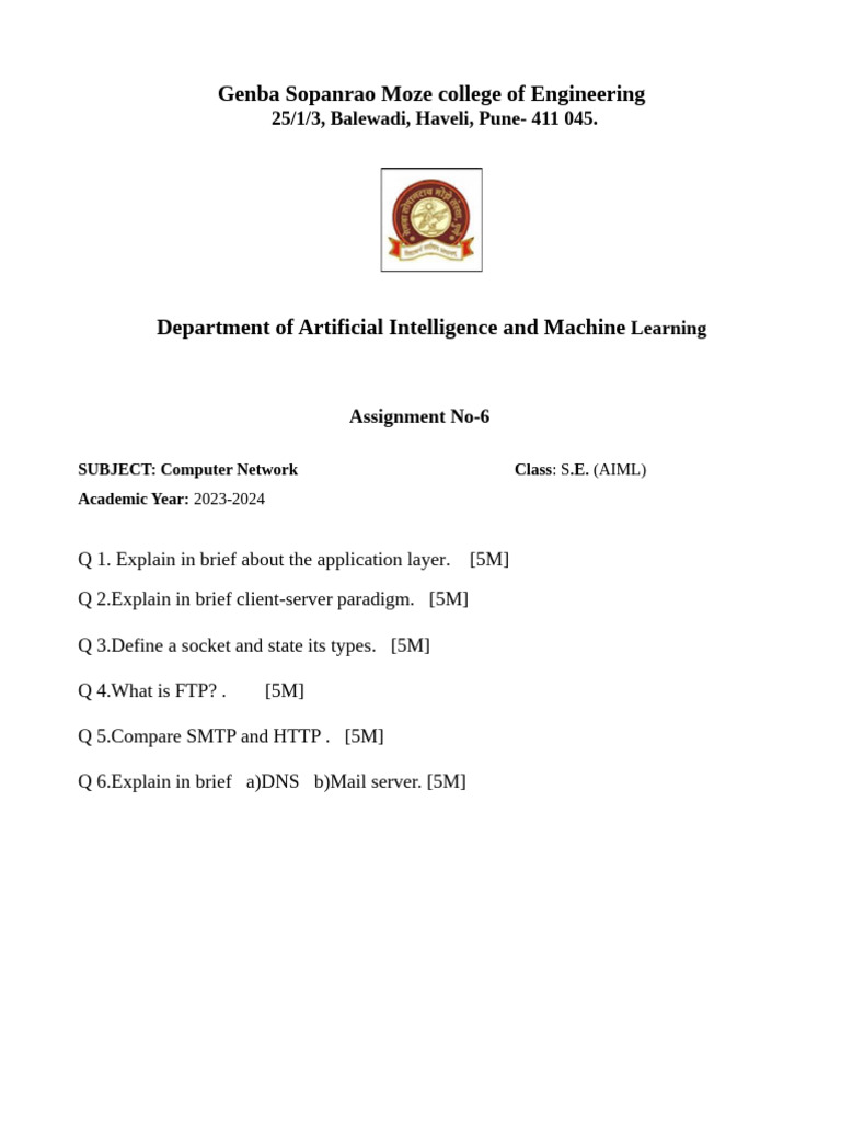Computer Networks Assignment for AIML | PDF