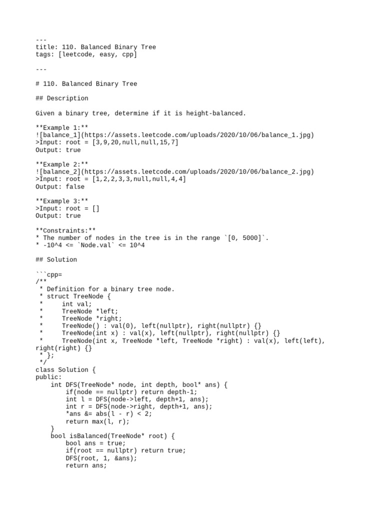 Balanced Binary Tree Check in C++ | PDF