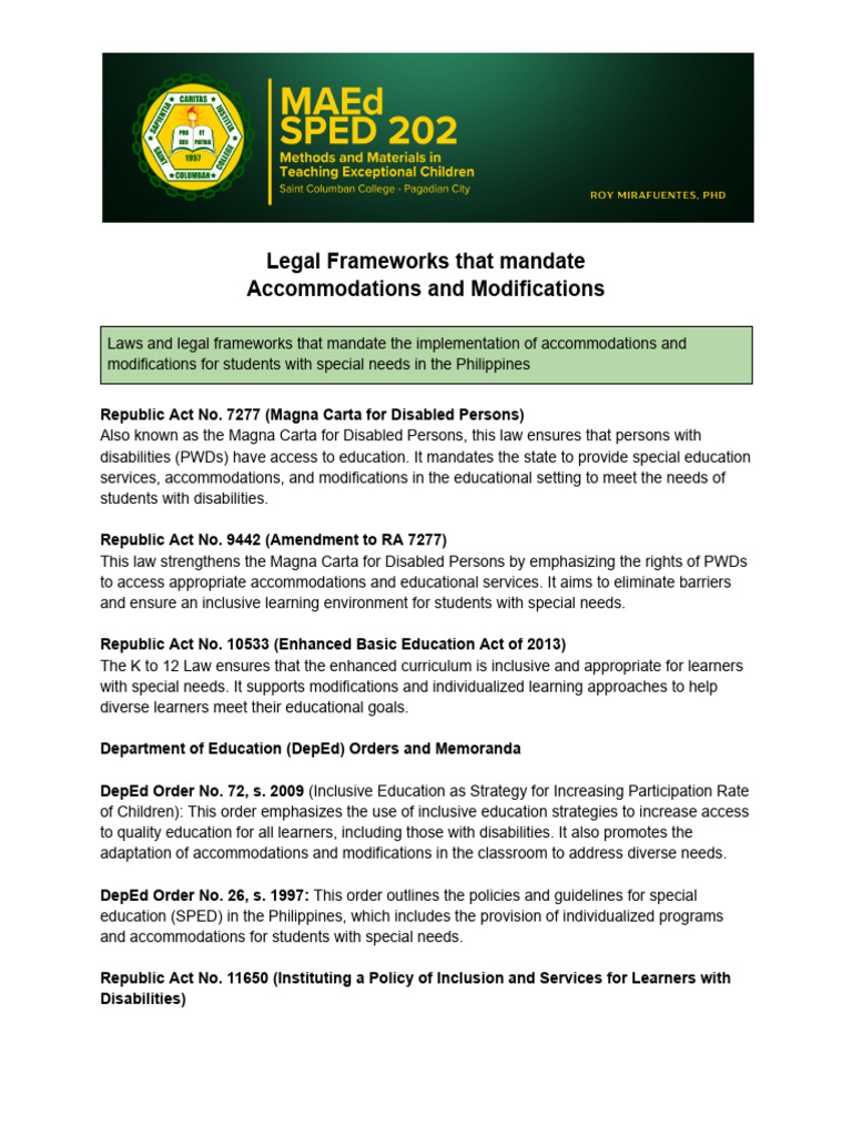 Legal Framework for SPED in the Philippines | PDF | Individualized ...