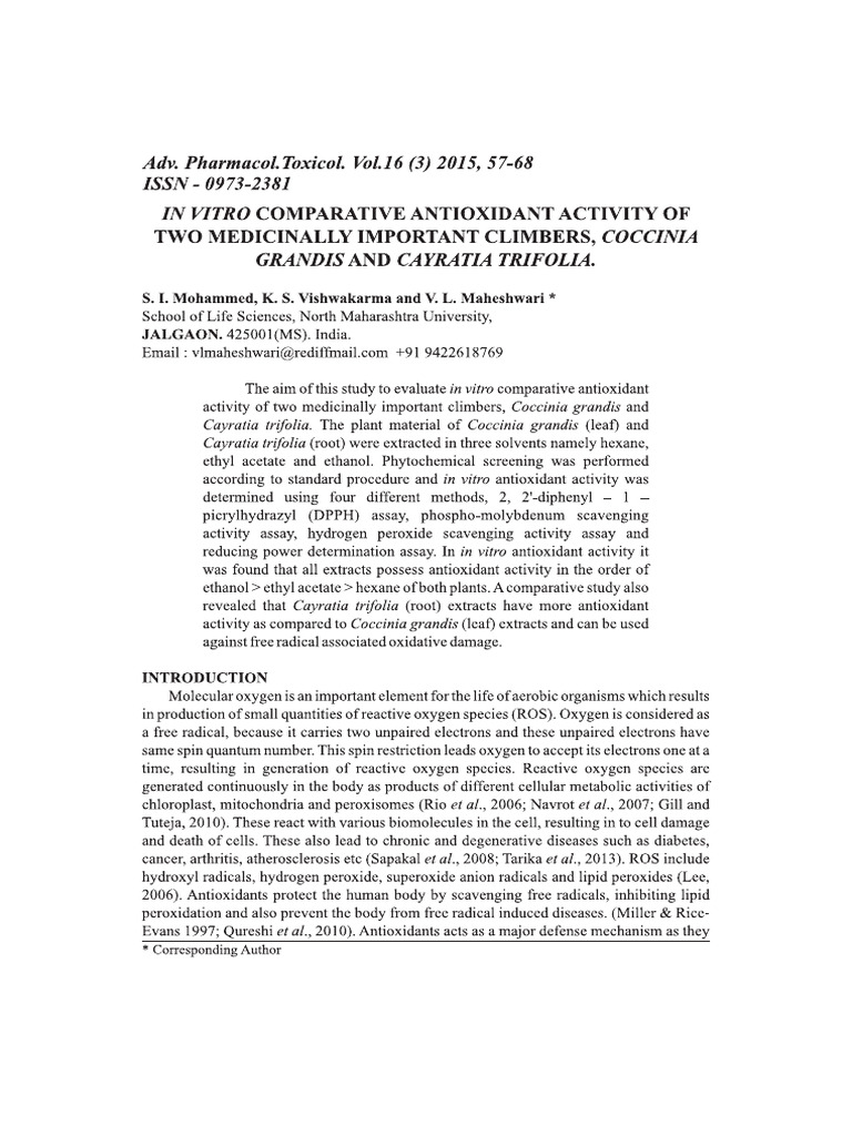 In Vitro Comparative Antioxidant Activity of Two Medicinally Important ...