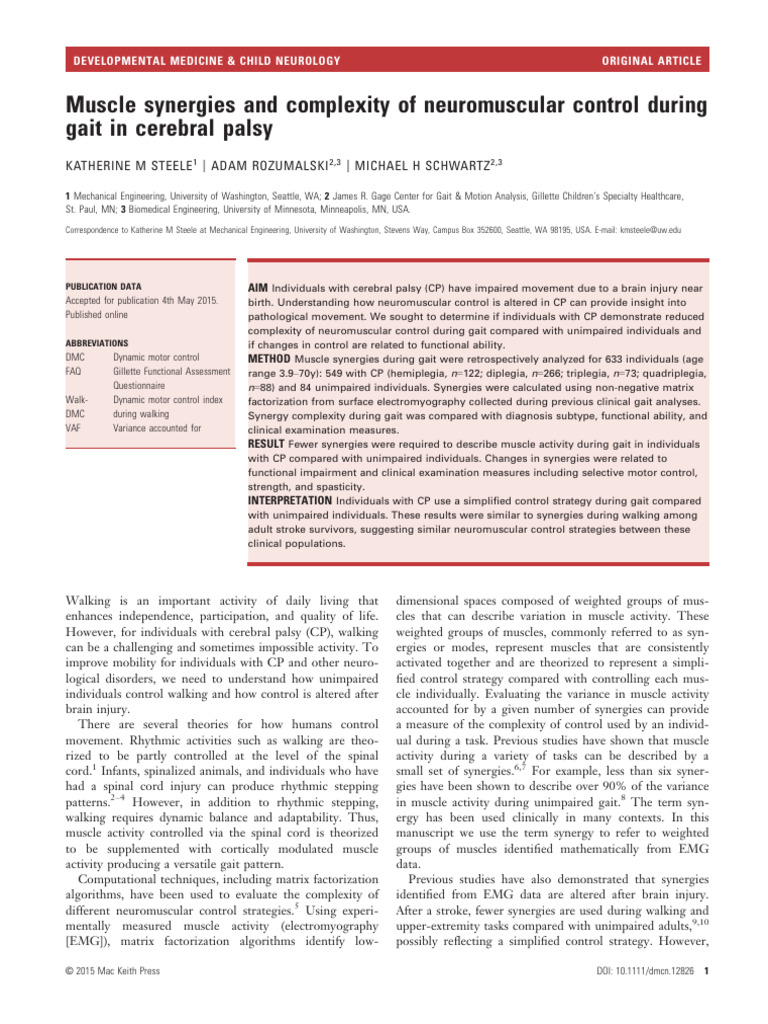 Muscle Synergies in Gait with CP | PDF | Electromyography | Cerebral Palsy