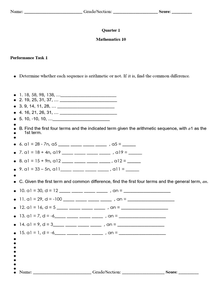 Arithmetic Sequences Performance Tasks | PDF | Mathematics | Number Theory