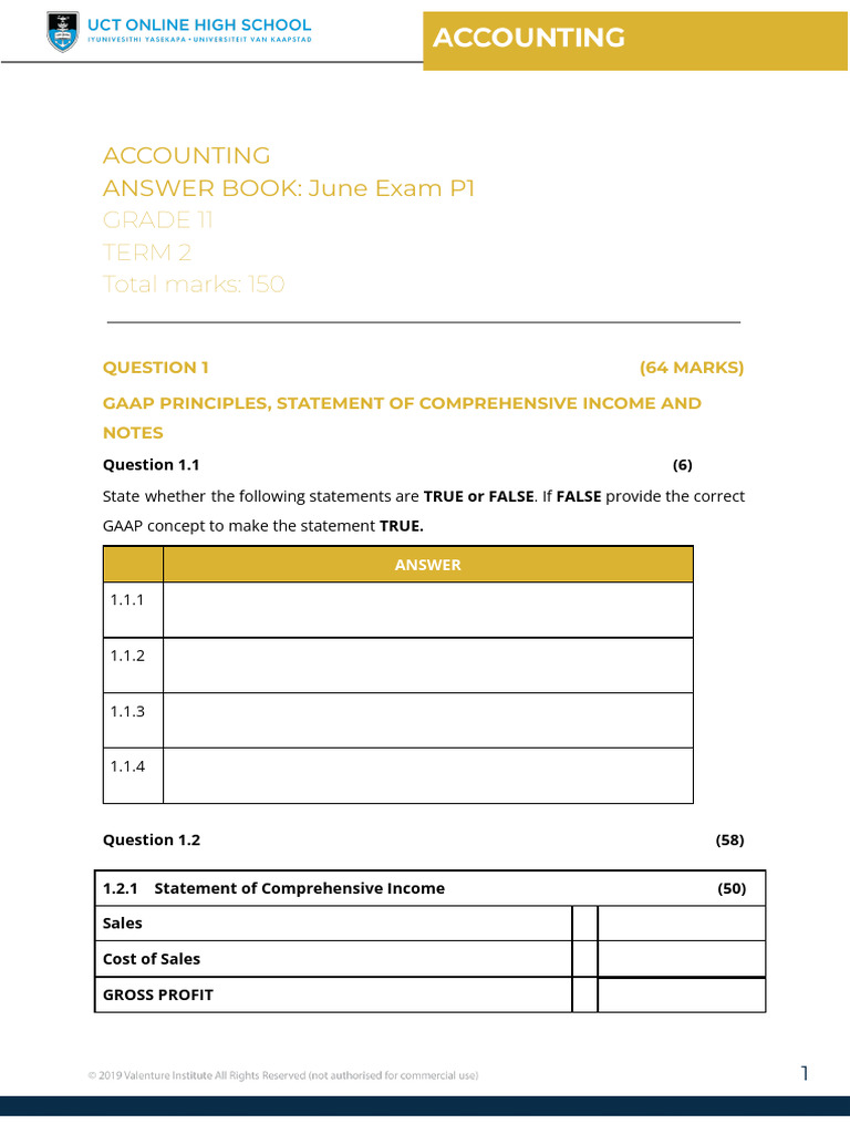 Grade 11 Accounting Exam P1 Answers | PDF | Income Statement | Money