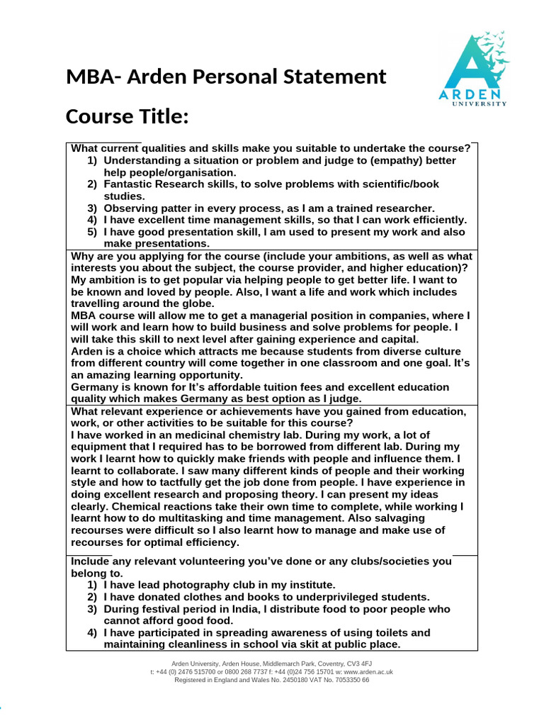 Arden Personal Statement Format | PDF | Master Of Business ...