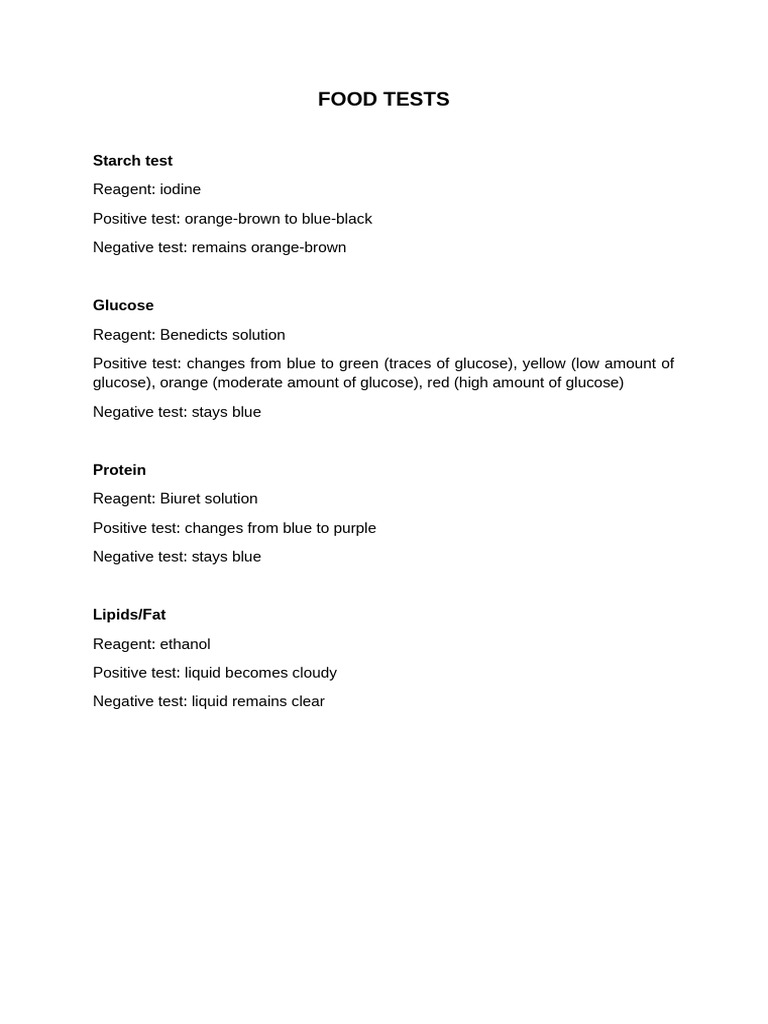Overview of Food Tests in Biology | PDF
