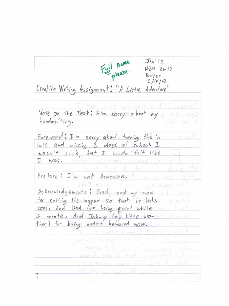Creative Writing Assignment: A Little Adventure | PDF