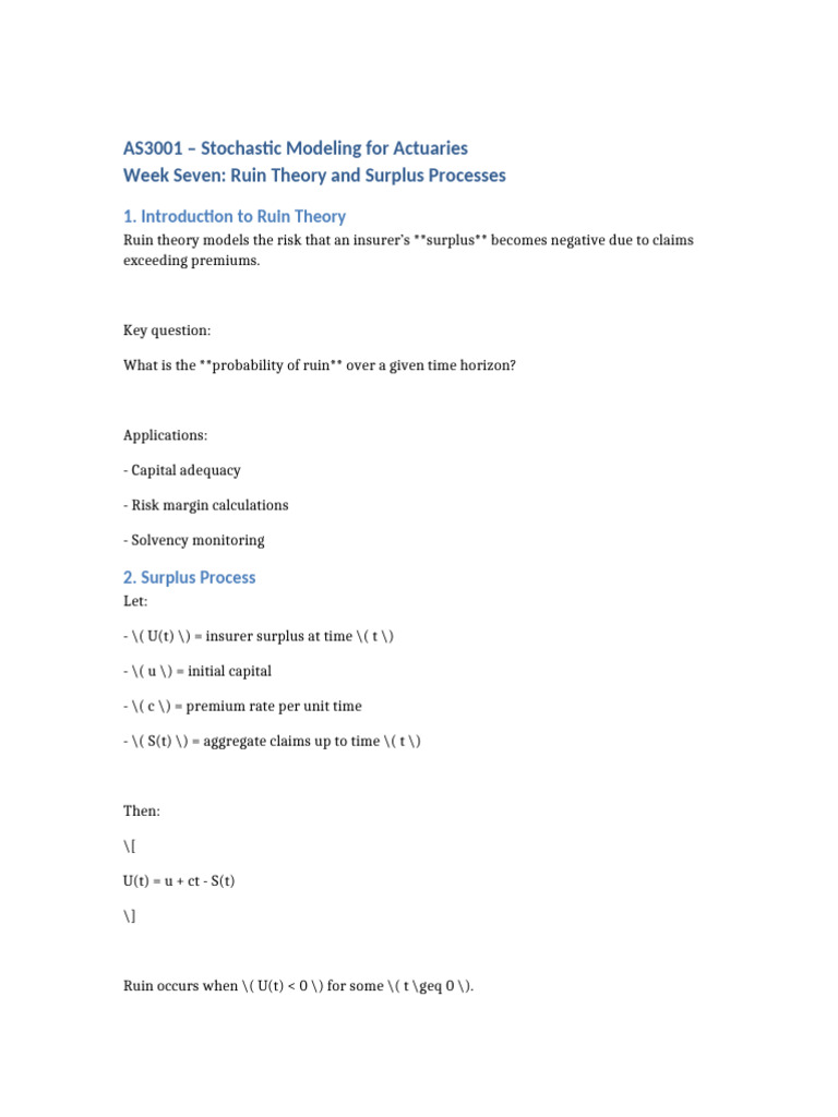 AS3001 Stochastic Modeling For Actuaries - Week Seven | PDF