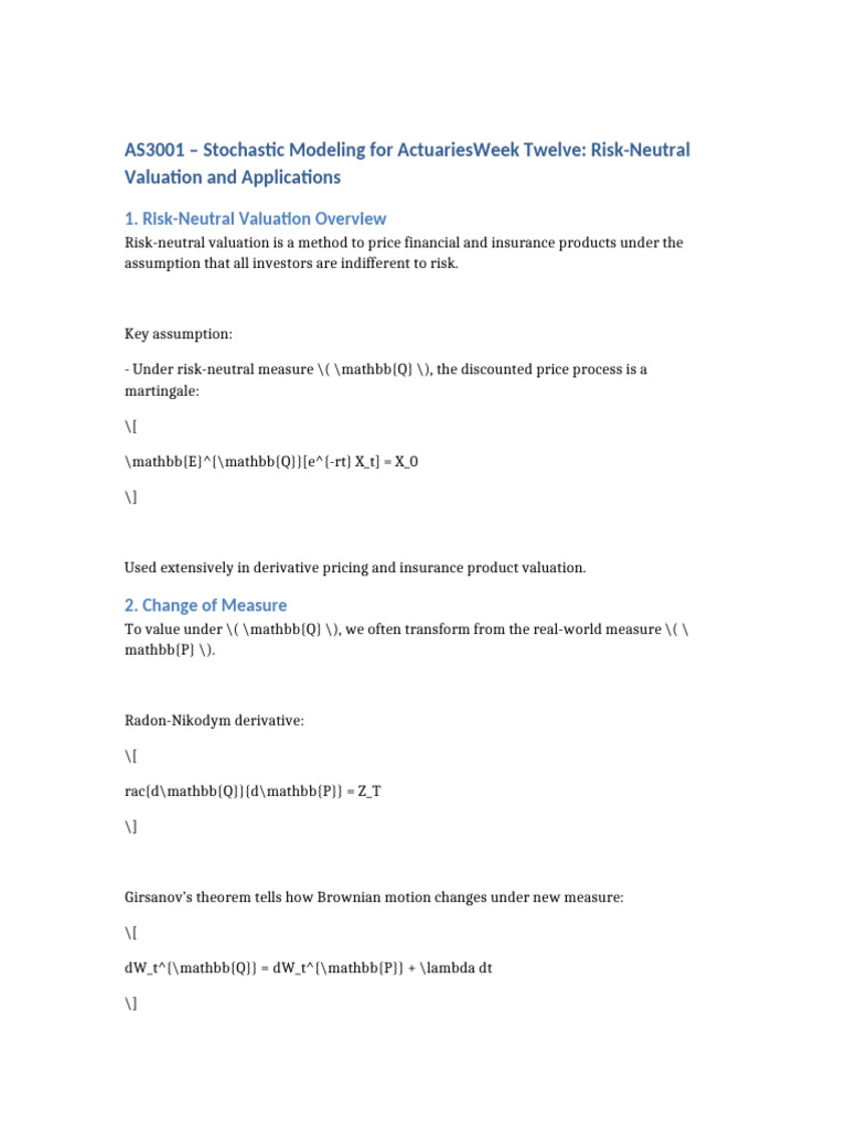 AS3001 Stochastic Modeling For Actuaries - Week Twelve | PDF