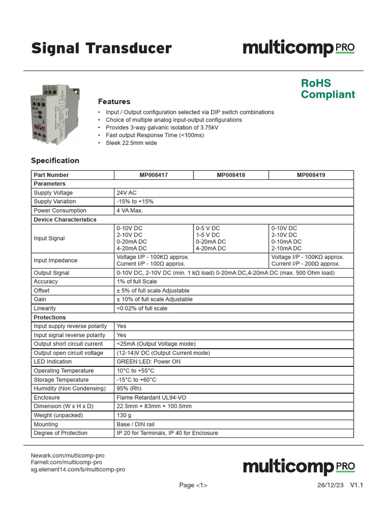 Multicomp Pro Signal Transducer Specs | PDF | Electronics | Electrical ...