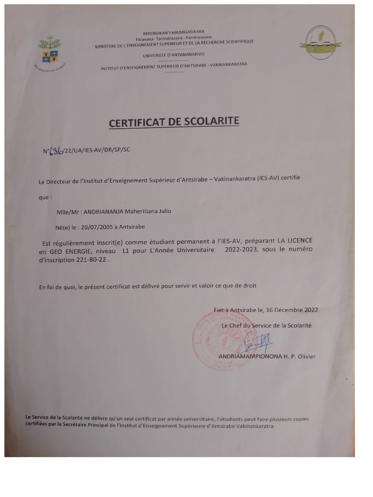 Certificat de Scolarité L1 | PDF