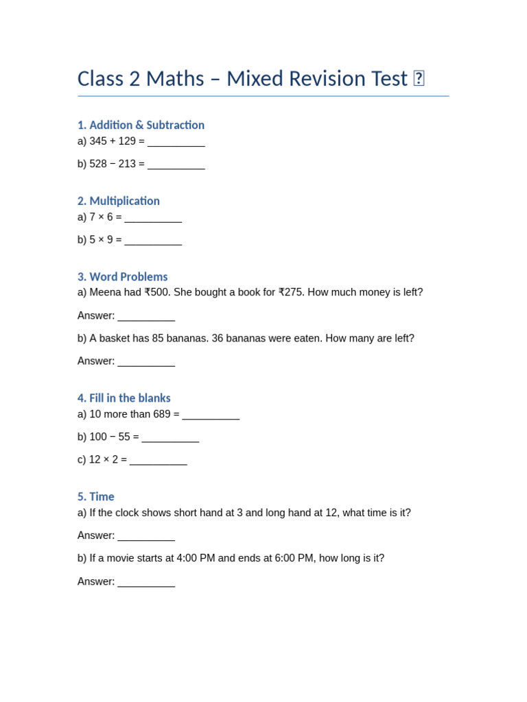 Class 2 Maths Mixed Revision Test | PDF