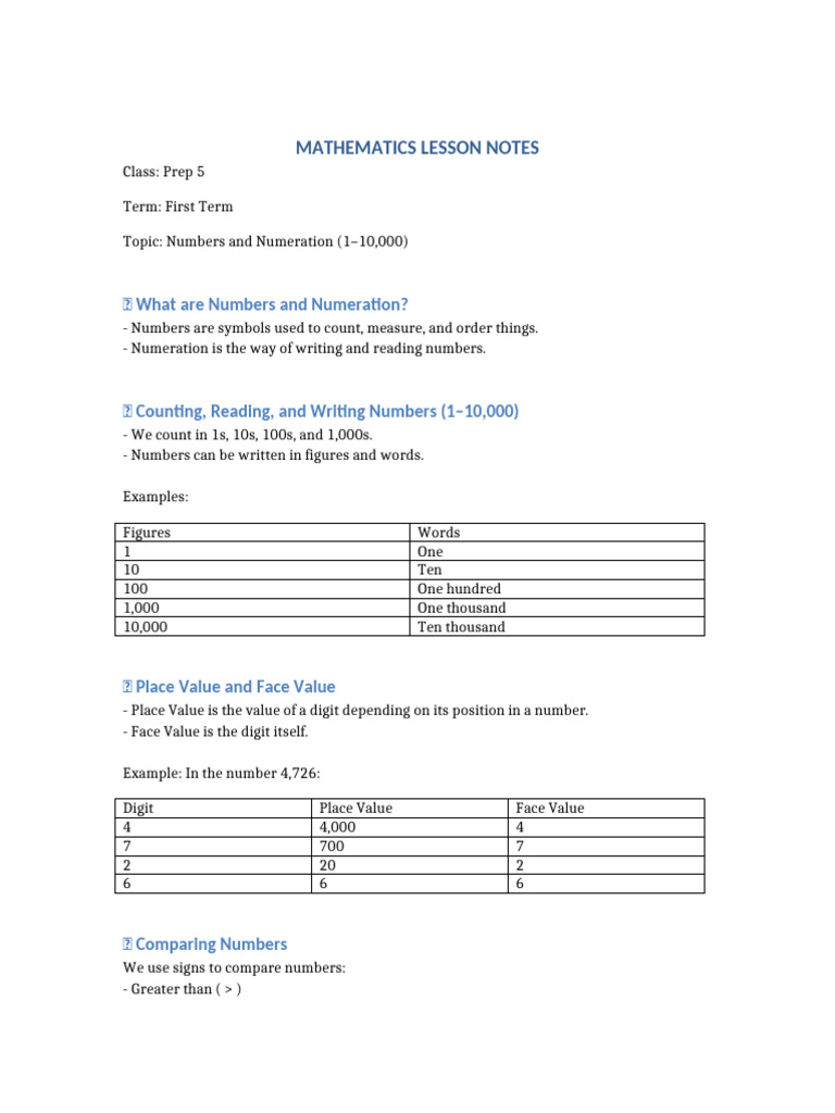 Numbers and Numeration for Prep 5 | PDF