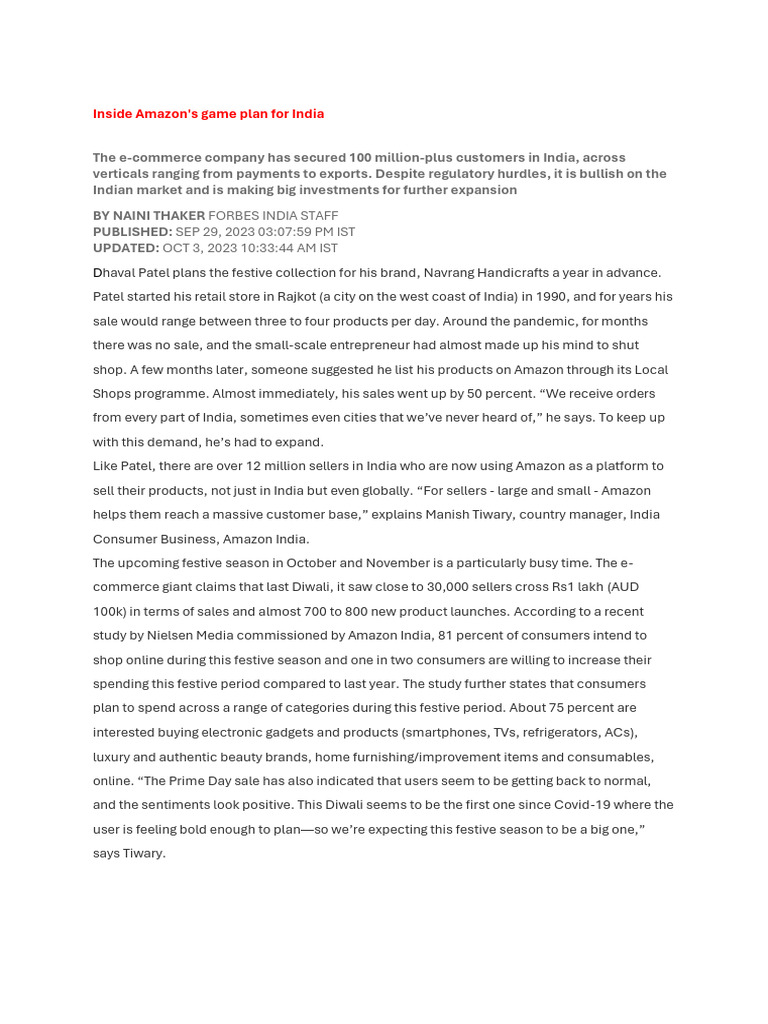 Amazon's E-commerce Strategy in India | PDF | E Commerce | Retail