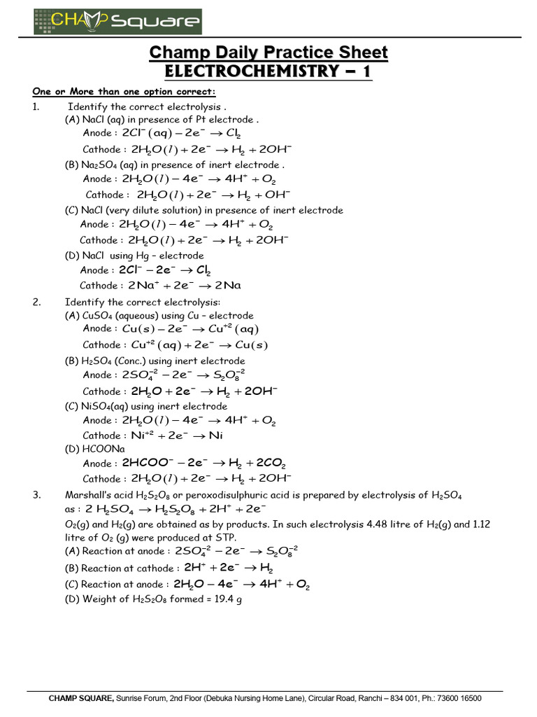 Electrolysis and Galvanic Cell Practice | PDF | Anode | Electrochemistry
