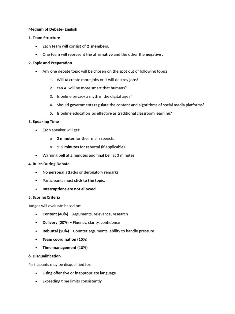 Middle School Debate Competition Rules | PDF