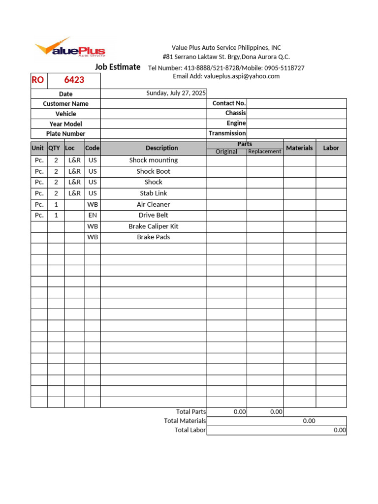 Auto Quotation Form | PDF | Brake | Belt (Mechanical)