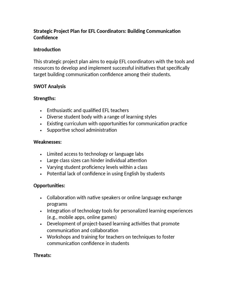 EFL Project Plan: Boosting Communication Confidence | PDF | Educational ...
