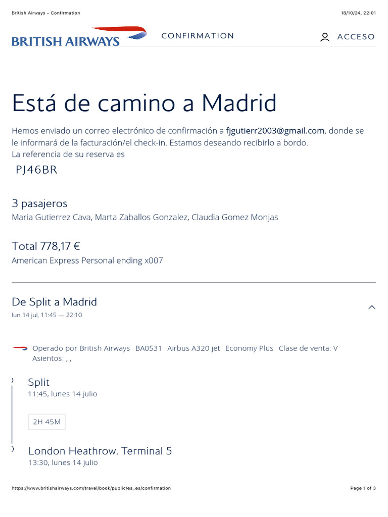 Cisco - British Airways - Confirmation | PDF | Aviación Civil | Aviación