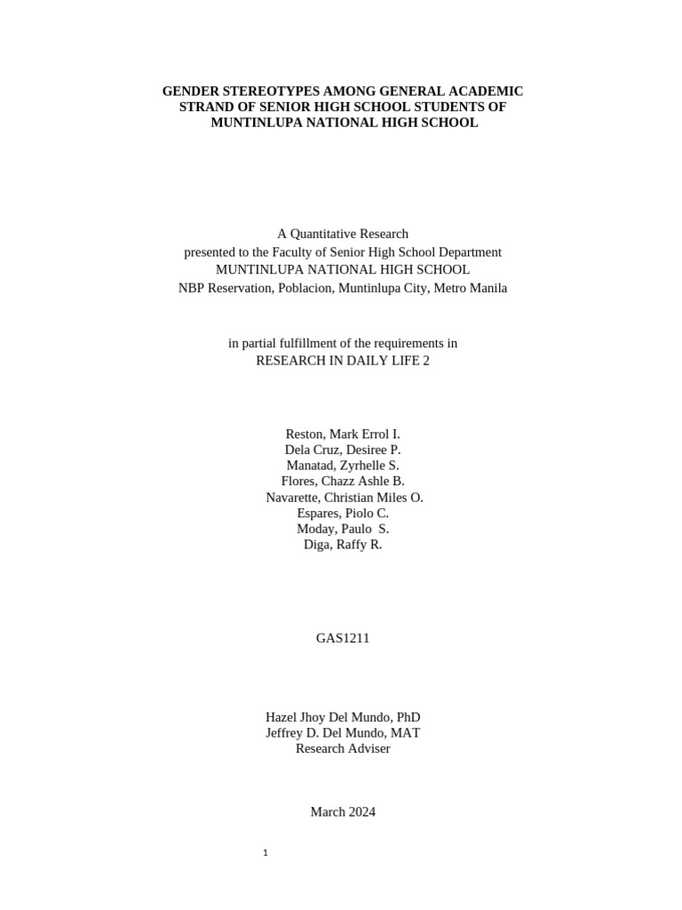 Gender Stereotype Among GAS Strand of MNHS Research 1 | PDF ...