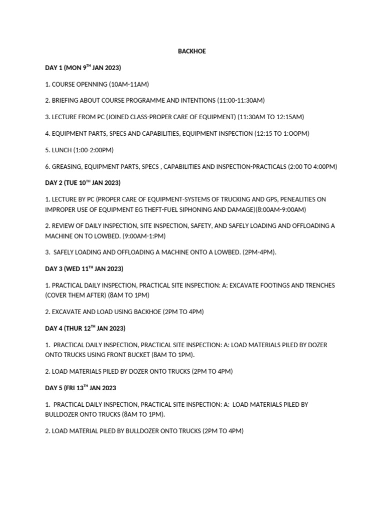 Backhoe Operation Training Schedule | PDF