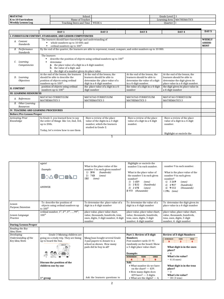 Math Lesson Plan: Week 6 Grade 3 | PDF | Curriculum | Human Communication