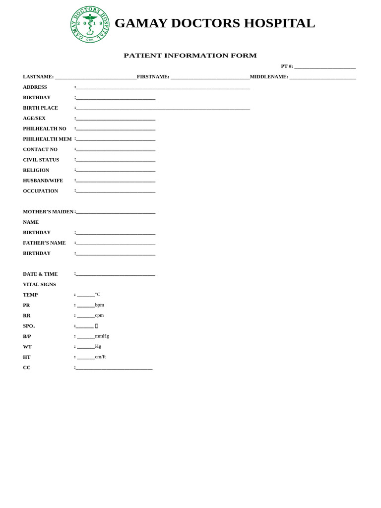 Patient Information Form - Gamay Doctors | PDF