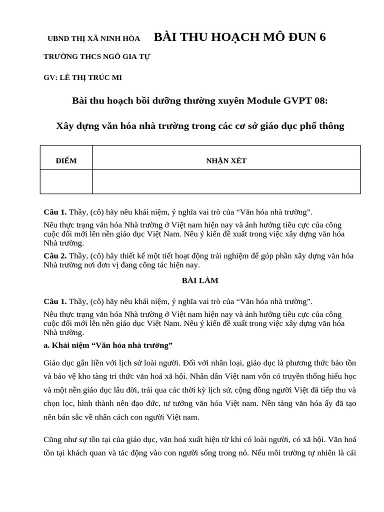 BÀI THU HO CH BDTX Module-Gvpt-08 (Module 6) NH 23 - 24 | PDF