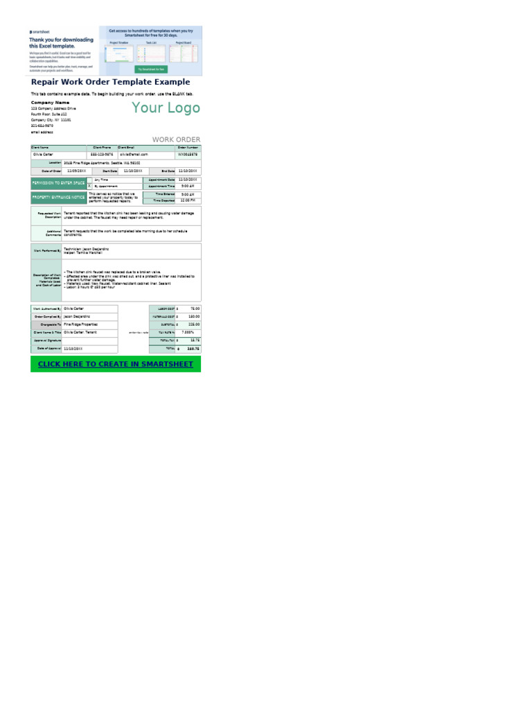 Repair Work Order Template Example | PDF