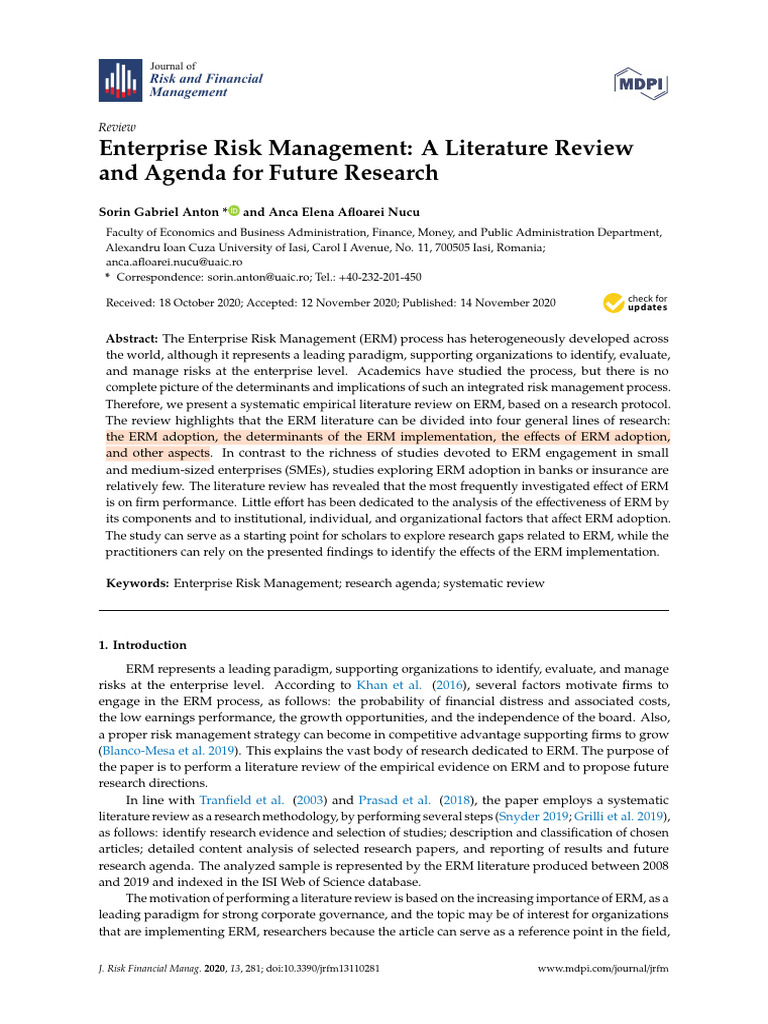 Enterprise Risk Management Literature Review | PDF | Systematic Review ...