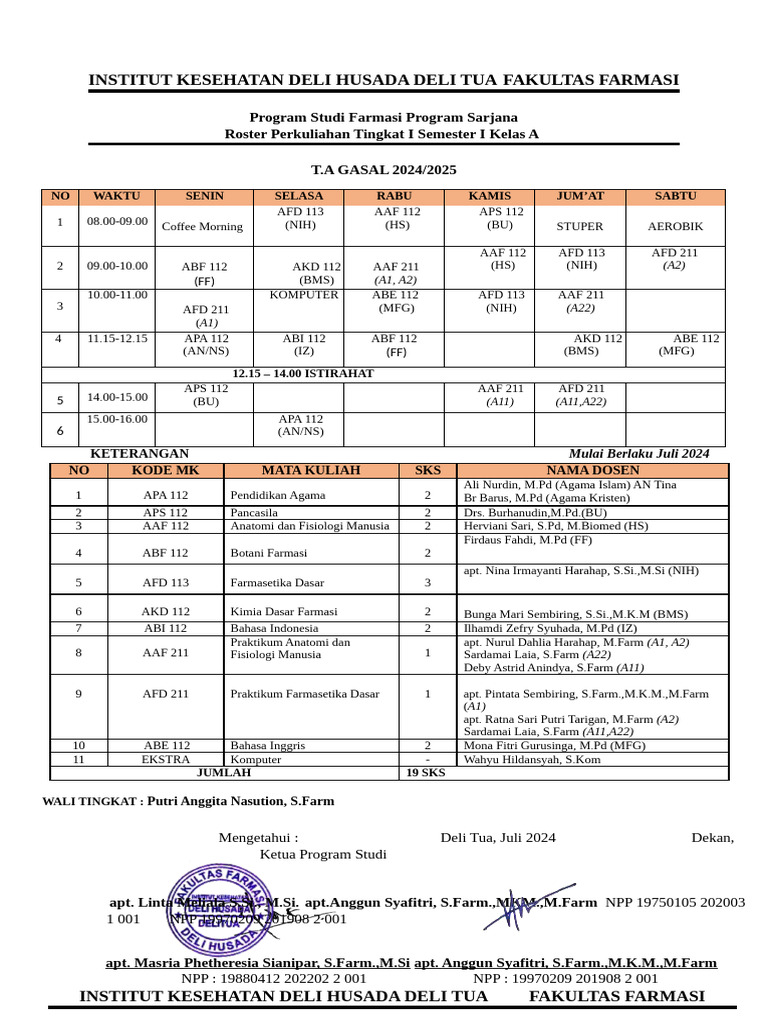 Roster Perkuliahan Farmasi 2024/2025 | PDF