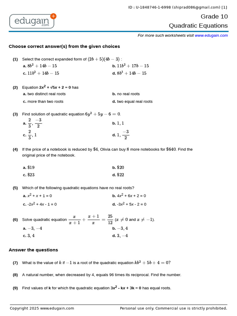 Grade10 1848746 1 6998.q | PDF | Quadratic Equation | Equations