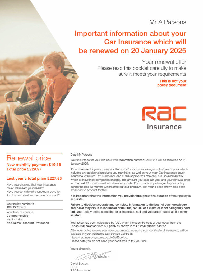 Car Insurance Renewal Details for Mr. Parsons | PDF | Credit | Finance ...